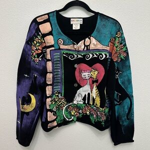 Vintage Kolorway Hand Painted Cat/Moon Love Sweater Cardigan